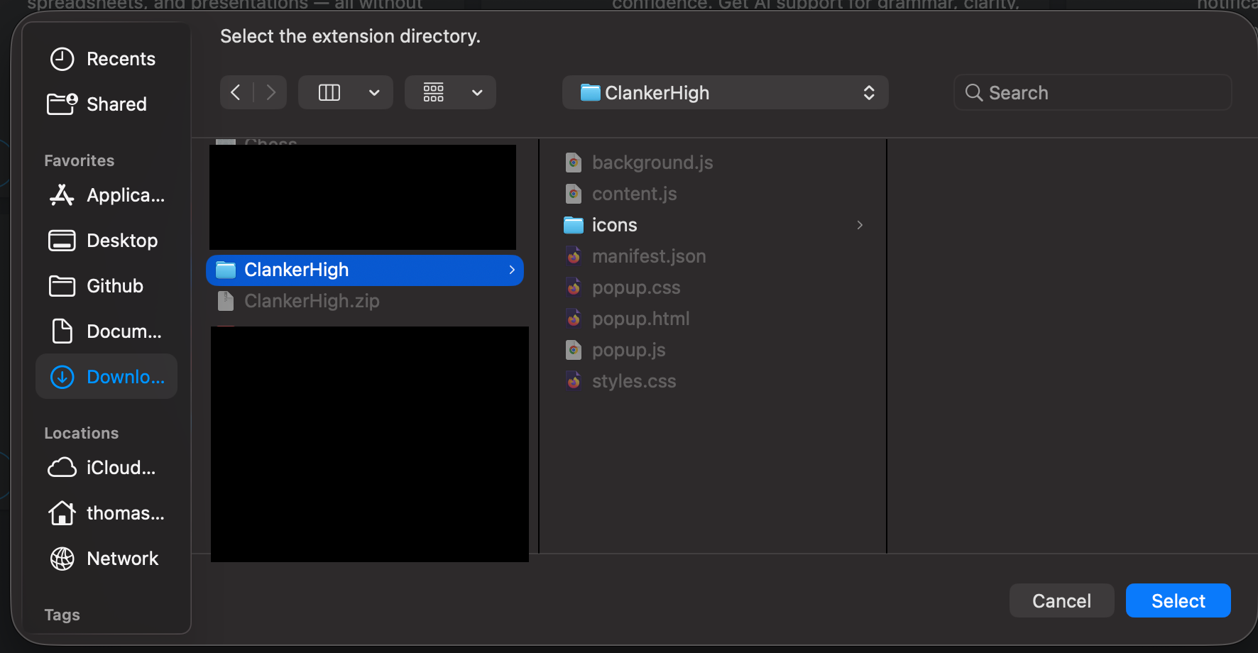 The folder picker with the ClankerHigh folder selected and a Select button in the bottom right.