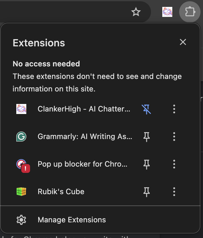 The browser extensions menu with the pin icon next to ClankerHigh highlighted.